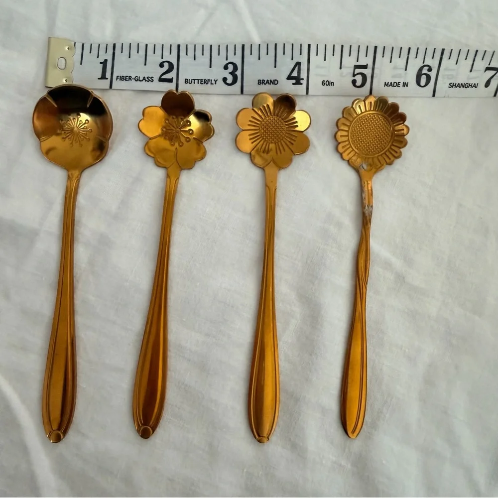 Vintage Gold Tone Floral Spoon Set Brass Flower Spoons 4 Pieces